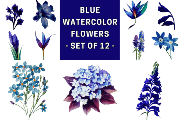Beautiful Blue Watercolor Flowers Illustrations for Digital Sellers