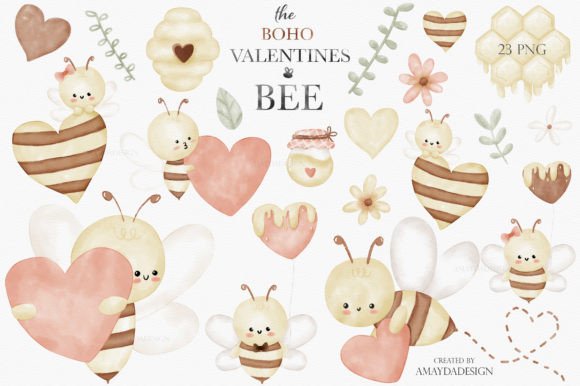 Bee My Valentine Boho Watercolor Clipart for Crafters & Etsy Sellers