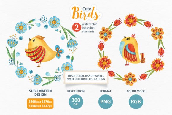 Cute Watercolor Birds with Flower Wreath Illustrations for Crafting and Handmade Business