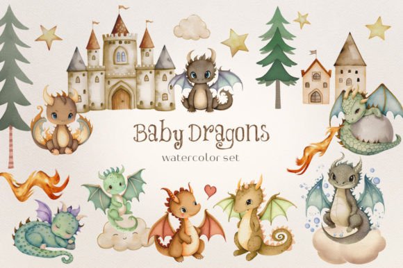 Dragons Watercolor Clipart Sublimation