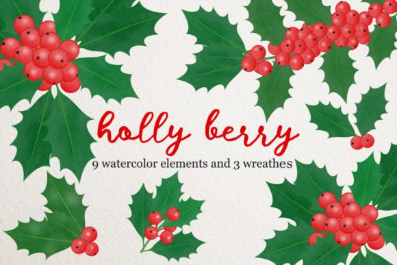 Holly Berry Watercolor PNG Cliparts: Festive Illustrations for Holiday Branding
