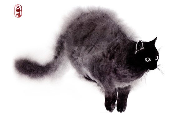 Oriental Watercolor Zen Art, Black Cat Illustrations for Crafters & Etsy Sellers