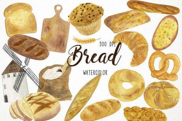 Watercolor Bread Clipart for Bakery Illustrations & Crafting Projects