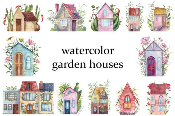 Watercolor Cute Garden Houses Set – A Charming Illustration for Local Branding