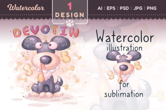 Watercolor Dog and Bone Cartoon PNG for Branding & Marketing Visuals