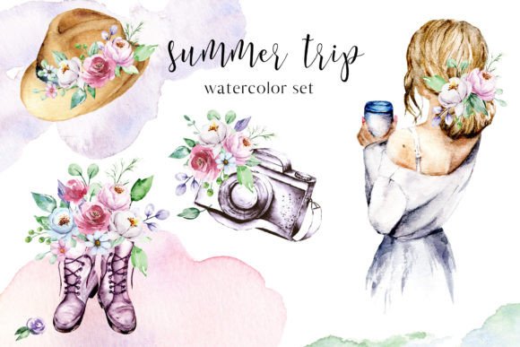 Watercolor Flower Set with Girl Illustrations for Blog & Editorial Design