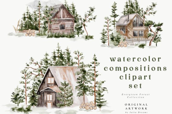 Watercolor Forest Houses Illustrations for Craft Projects