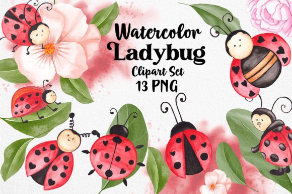 Watercolor Ladybug Clipart Set with Leaf for Branding and Creative Projects