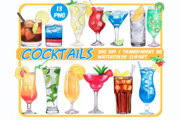Watercolor Tropical Cocktails Illustrations for Creative Sellers