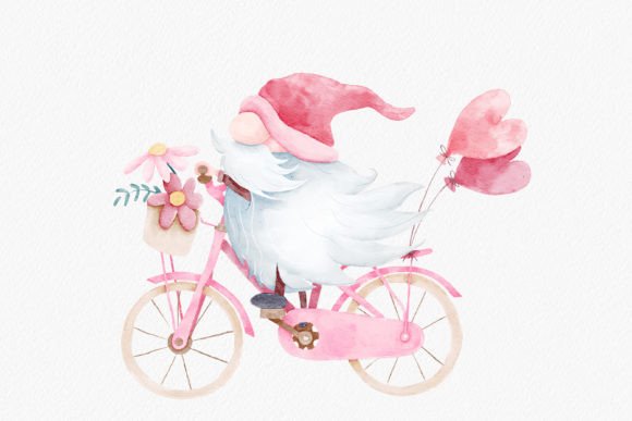 Watercolor Valentines Gnome with Bicycle