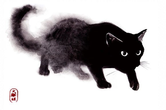 Watercolor Zen Art, Black Cat Illustrations for Digital Sellers